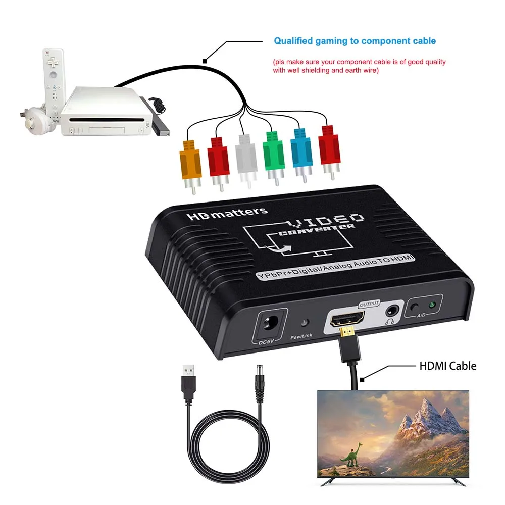 5 RCA Ypbpr Component to HDMI-Compatible Converter Component Video to HDMI-Compliable Video Audio Converter Adapter for PS2