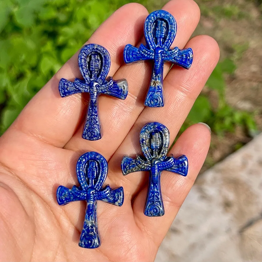 Natural Lapis Lazuli Ankh Cross Carved Pendant Egyptian Symbol Stone Figurine Home Decor Ornament Collectible Gift