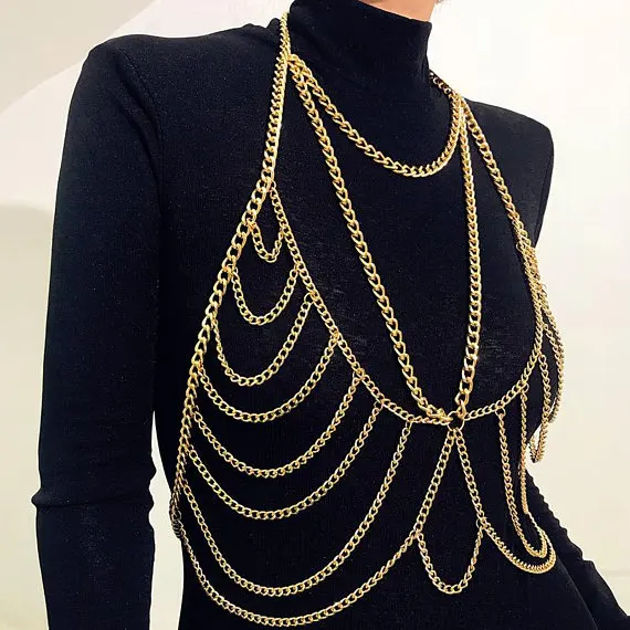 

European and American fashion metal chest chain body chain, wholesale accessories, three-color optional