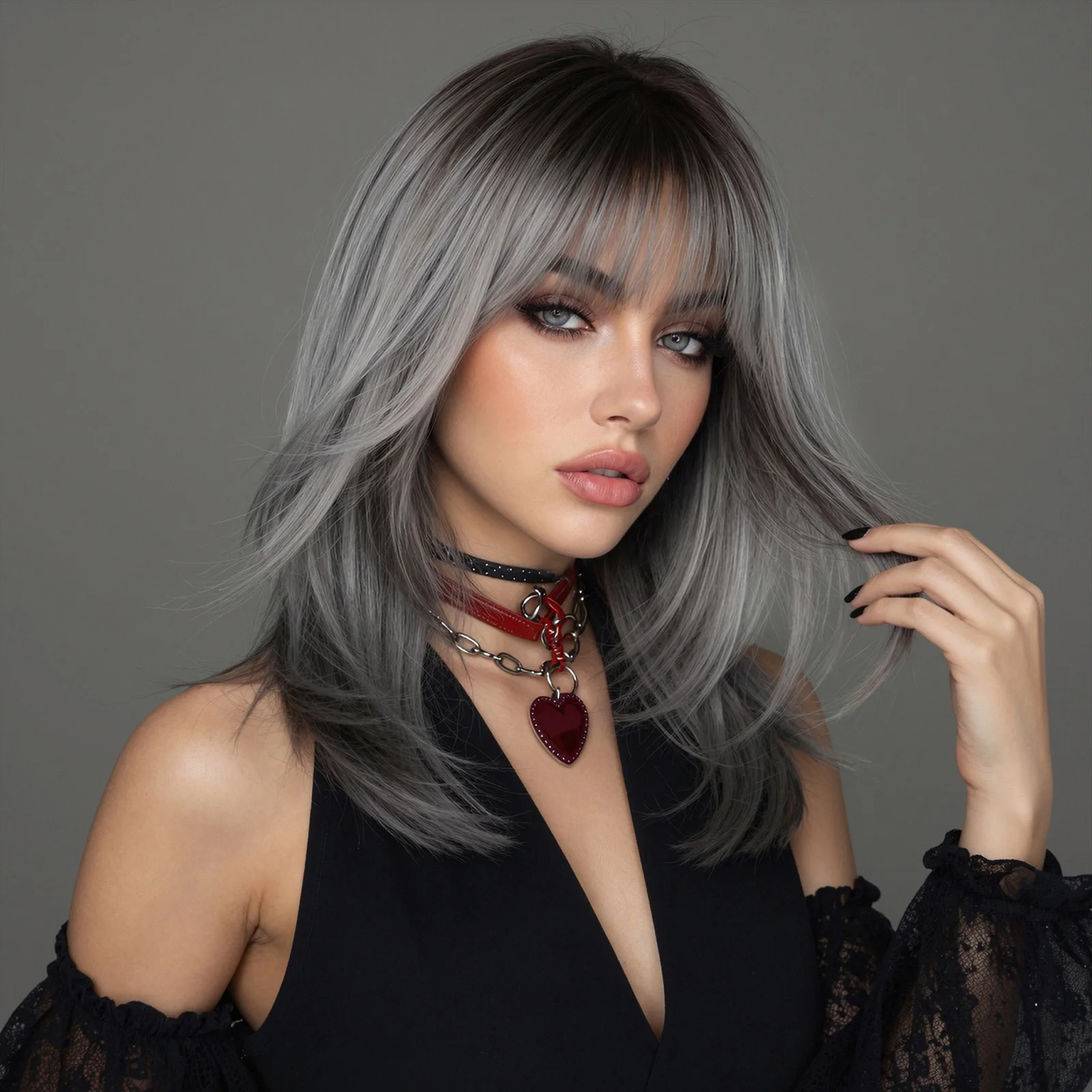 TopShe 18 inch Grey Wave Synthetic Wig Curly for Woman Shoulder Length Heat-Resistant Silver-Grey Hall Wig Layered Medium Length Shaggy Hair Wig Display Costume Party Daily Wear Natural Ash Grey Salt and Pepper Hairpiece Feathered Layers