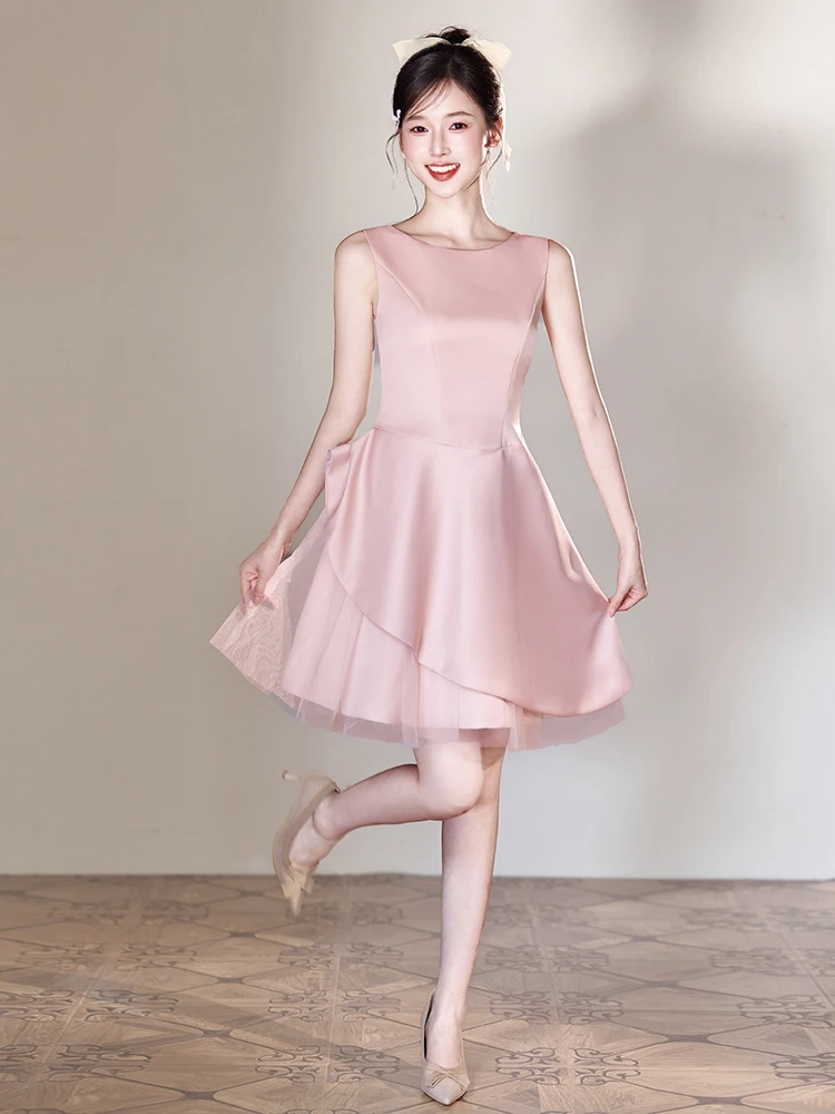 Robe de soirée courte rose en Satin pour femmes, tenue de soirée élégante, col ras du cou, ligne a, légère, de luxe, plissée, pour occasions formelles