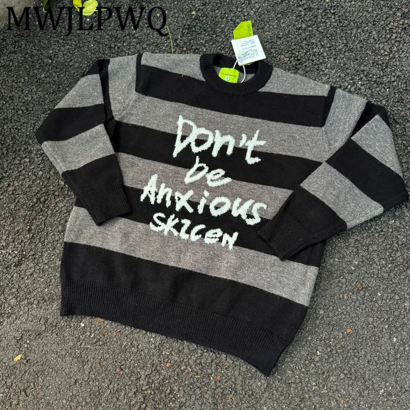 

MWJLPWQ American Striped Knit Men's Sweater Trendy Street College Style Letter Design Couple Autumn Winterr Casual Tops 12176