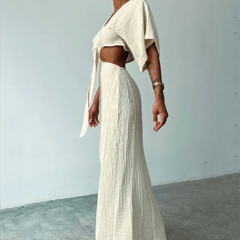 Robe longue Sexy, Slim, taille ouverte, col en v, découpée, dos nu, pour femmes, nouvelle collection été