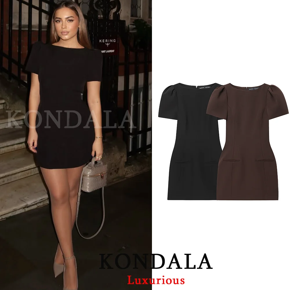 KONDALA Sexy Chic Black Party Dress Short Sleeve Pad Shoulder Mini Dress Fashion 2025 Autumn Evening Club Elegant Women Dress
