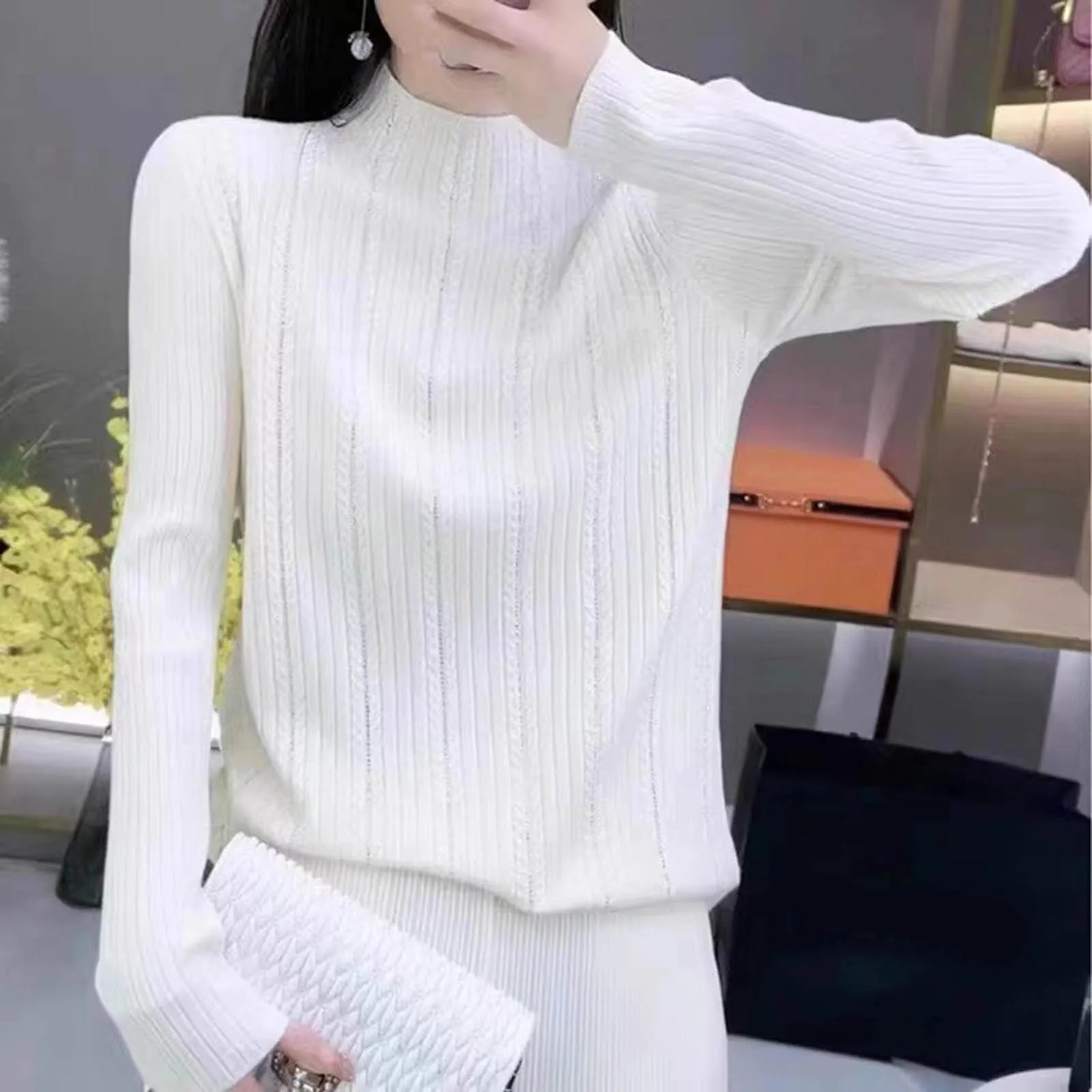 

Winter Turtleneck Pullover Sweater Long Sleeve Knitted Ribbed Sweater Elegant Solid Color Sweater Blouse Tops Autumn Winter 2024