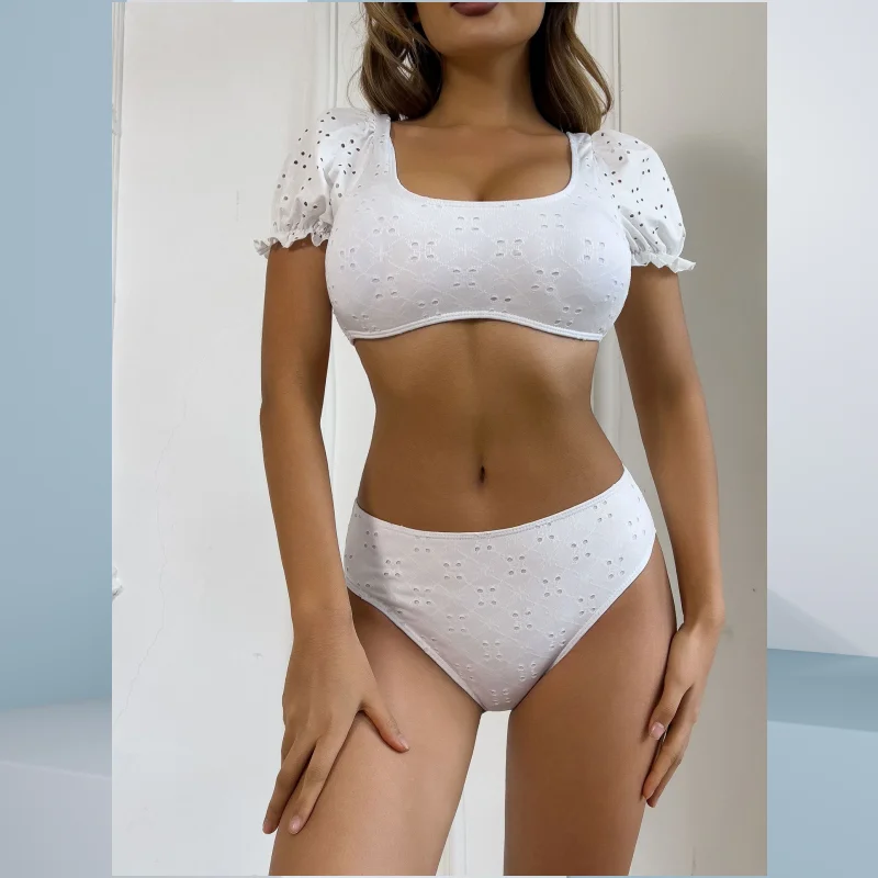 Women's Eyelet Lace Two-Piece Swimsuit Set - Sexy Short Sleeve Bikini Puff Sleeve Crop Top with High-Waist Bottom