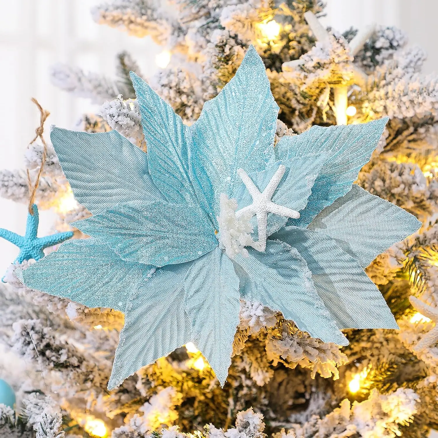 

6 шт. большие прибрежные рождественские украшения - синяя блестящая пуансеттия с морской звездой и ракушками для елки, венка, гирлянды