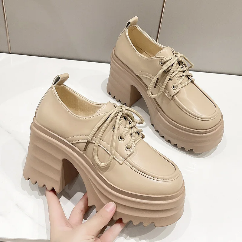 Gothic Chunky High Heels Loafers for Woman 2024 Spring New Leather Platform Loafers Female Solid Color Thick Heeled Lolita Shoes