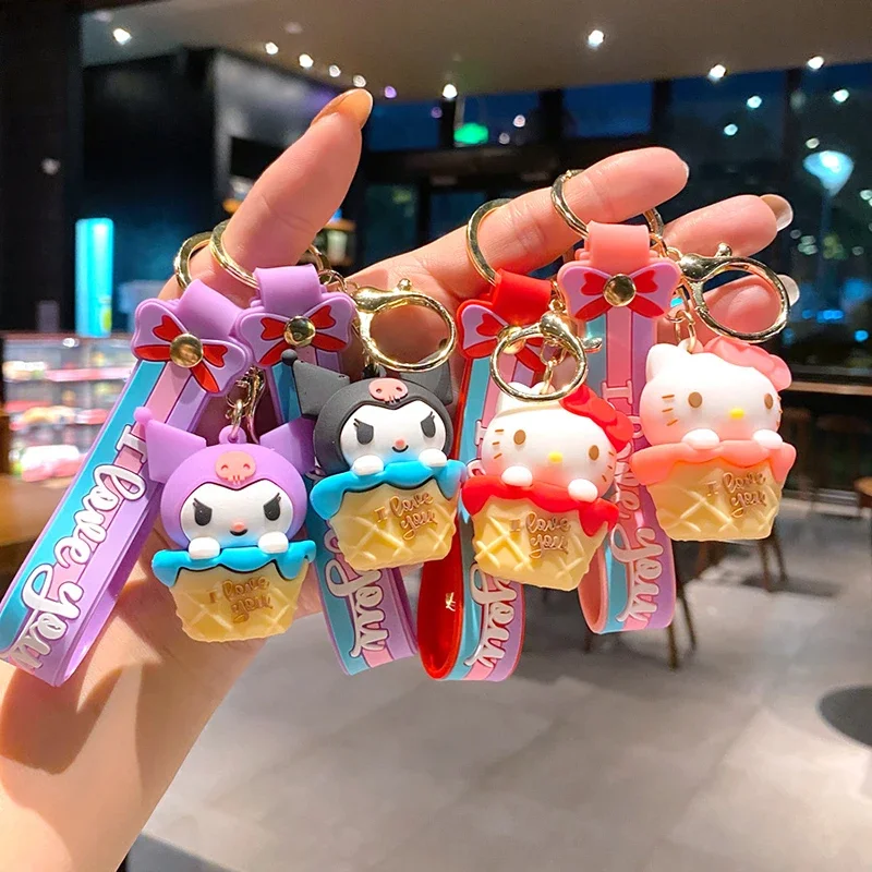 New Cute Sanrio Hello Kitty Kuromi Melody Pochacco Creative Ice Cream Keychain Cartoon Key Ring Couple Bag Pendant Small Gift