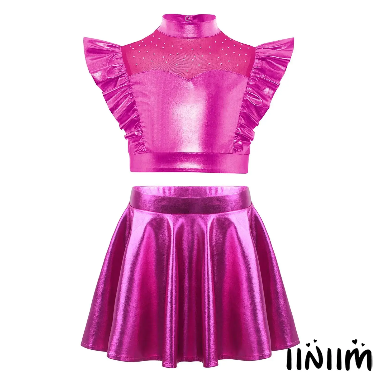 

Детский костюм для джазовых танцев для девочек: укороченный топ с воротником-стойкой, украшенный стразами, с сетчатыми вставками и эластичным поясом, блестящая расклешенная юбка