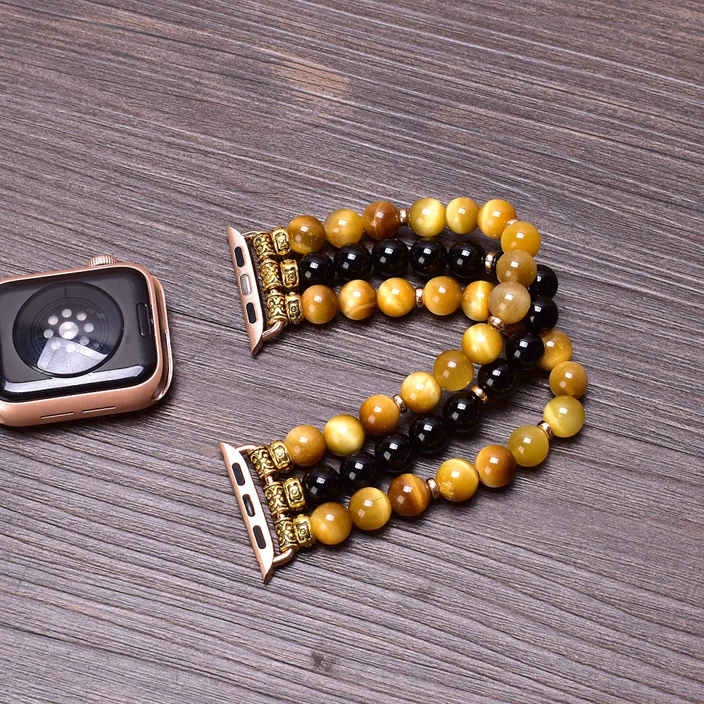 Tiger Eye Black Onyx Apple Watch Band 38mm 40mm 41mm 42mm 44mm 45mm Natural stone Beaded Bracelet Strap for Iwatch Series 1-SE