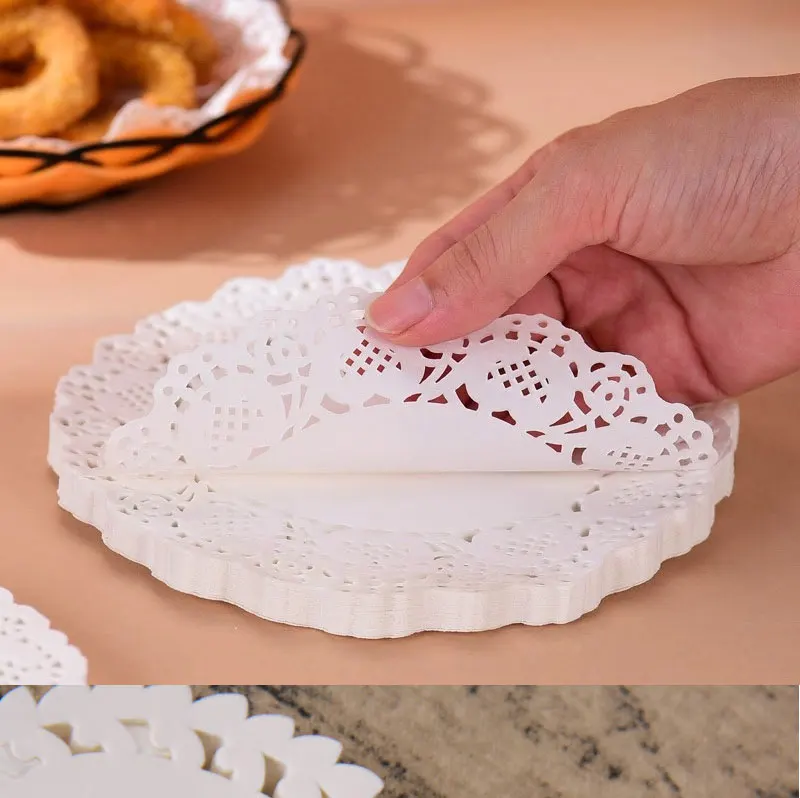 150Pcs Küche Gebratene Lebensmittel Spezielle Blume Boden Papier Öl-absorbierende Papier Backen Kuchen Pizza Snack Runde Haushalt Spitze papier Pad – Detail 5