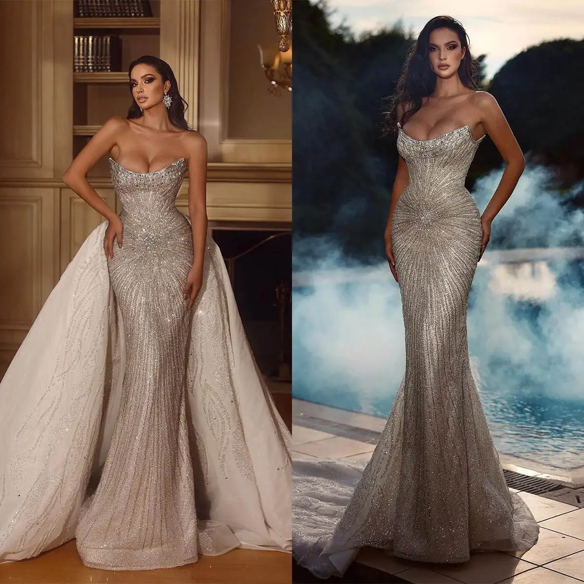 

Luxury Wedding Dress Mermaid Strapless Sequins Detachable Train Sleeveless Floor-Length Bridal Gowns Vestido De Noiva Customized