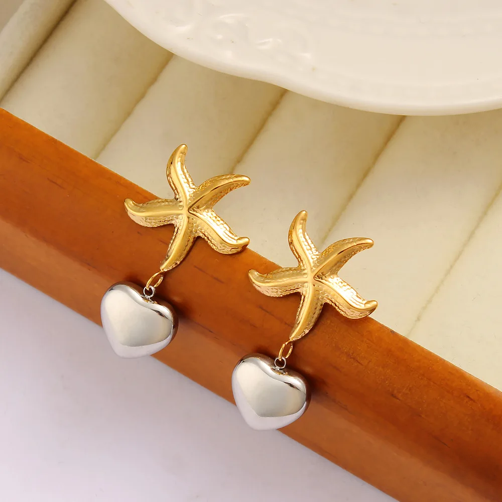 DIY accessories European and American three-dimensional love starfish earrings titanium steel 18K gold niche peach heart design