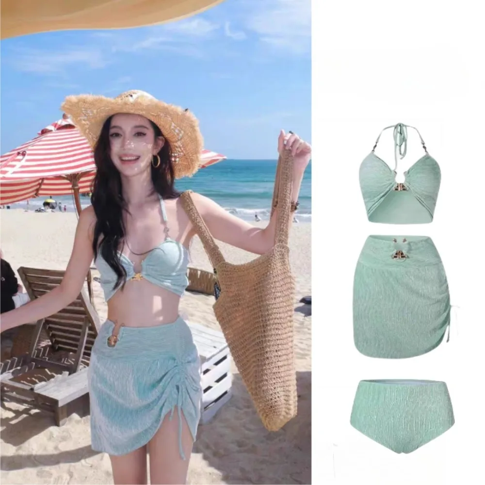 

Новый женский купальник в отпускном стиле, морской комплект из трех предметов, купальник для похудения и закрытия живота, горячий источник