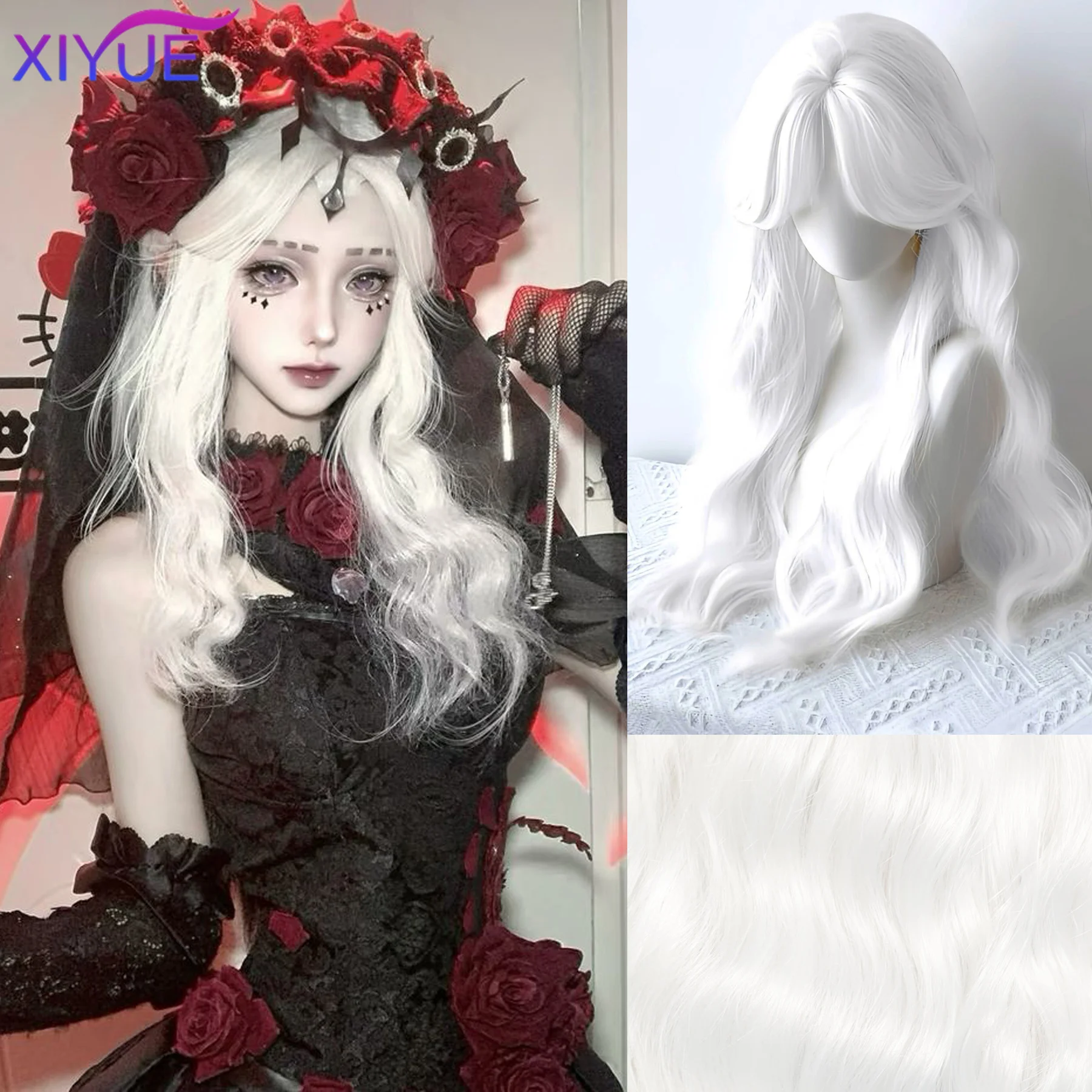 

Long Water Wave Wig with Bangs White Colorful Cosplay Silky Wig for Women Daily Party Natural Soft Synthetic Hair Heat Resistant
