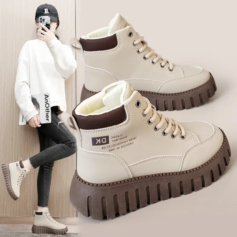 F364 New 2024 Autumn Winter Women's High-Top Fleece-Lined Cotton Shoes Thick Base Simple Increase Student Fleece-Lined Snow Boot