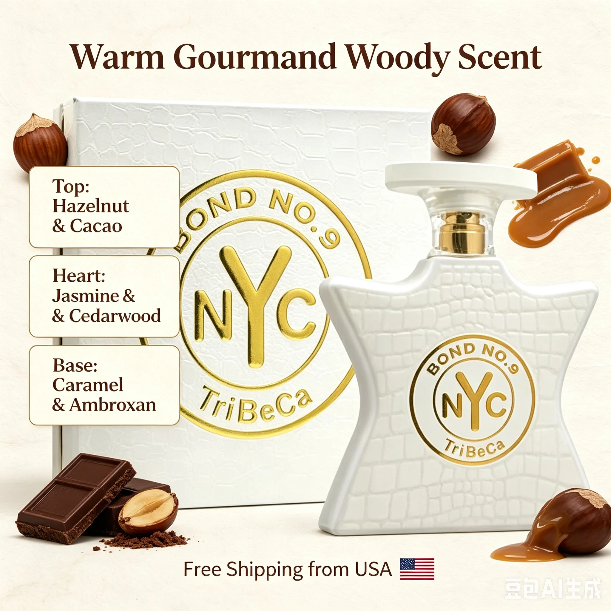 Bond No.9 TriBeCa Eau de Parfum 100ml 3.3 FL.OZ Warm Gourmand Woody Scent Hazelnut Caramel Notes Long Lasting Unisex Niche Fragrance Authentic NYC Inspired Perfume with Luxury Textured Gift Box for Men Women Date Night Daily Wear Fall Winter Gifting view 5