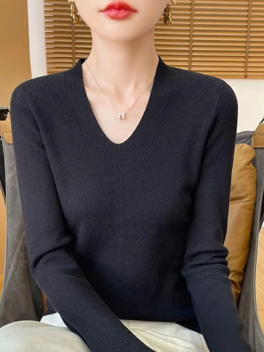 

Ele вязаный свитер Long Sve, женский базовый слой для похудения, чистый цвет, ширина, обычный зимний топ Faion