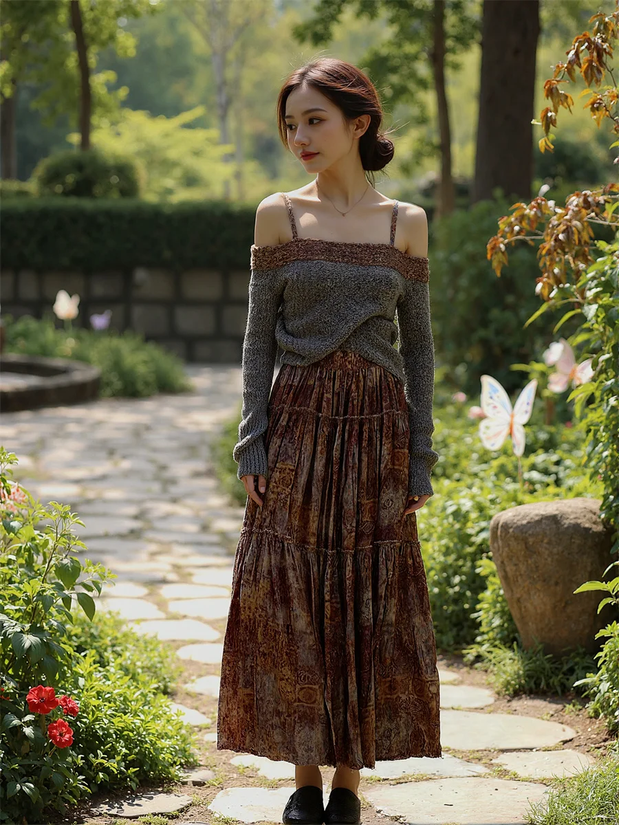 

Vintage Prints Long Skirts Womens Ruffle Hem Pleated Mesh Layered Skirt Elegant High Waist A Line Elastic Summer Flare
