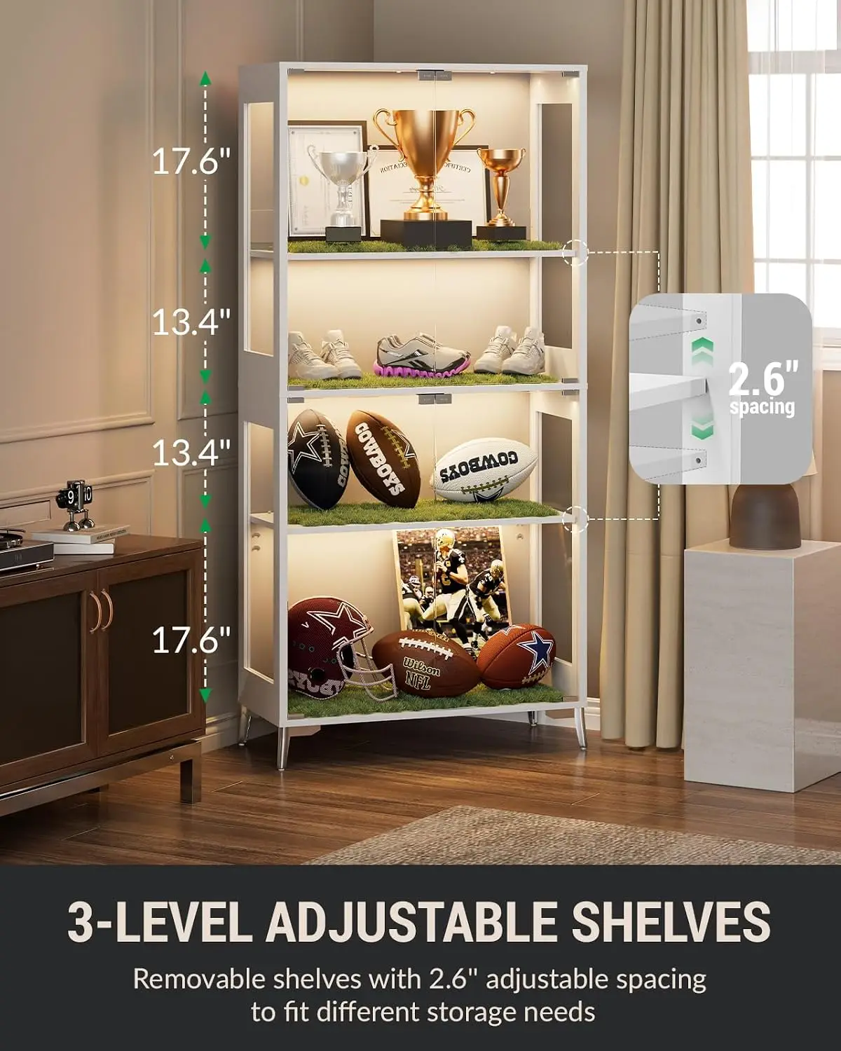 Display Cabinet with Glass Doors, 4-Tier Curio Cabinet, Adjustable Shelves, 60,000 Color Lights for Collectibles,, Customized