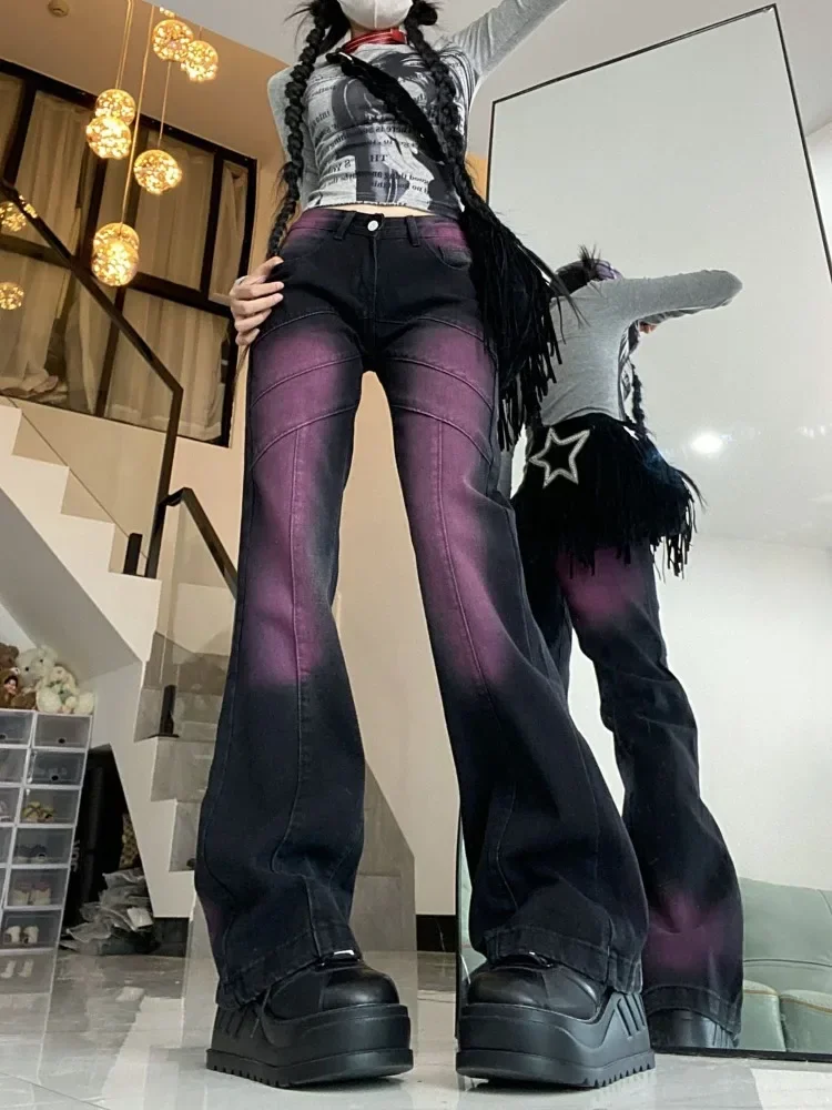 Pantalon en Denim noir violet Style américain Y2k e-girl, Vintage, taille haute, évasé, teinture par nouage, droit, nouvelle collection automne