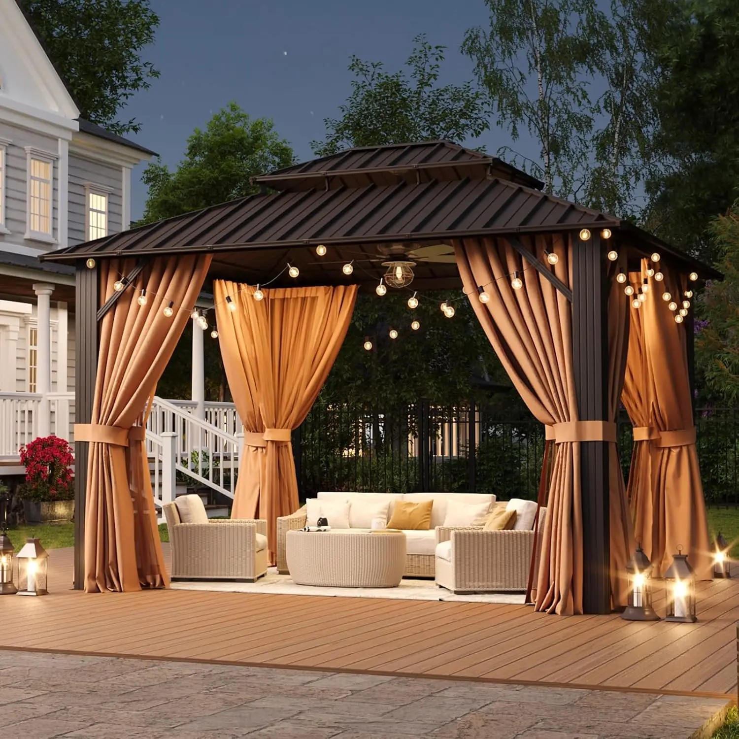 10X12Ft Hardtop Gazebo Metal Gazebo with Galvanized Steel Double Roof