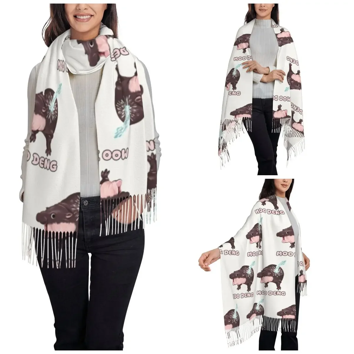 Moo Deng Baby Hippo Shawl Wrap for Women Winter Large Long Scarf Pashmina Tassel Scarves