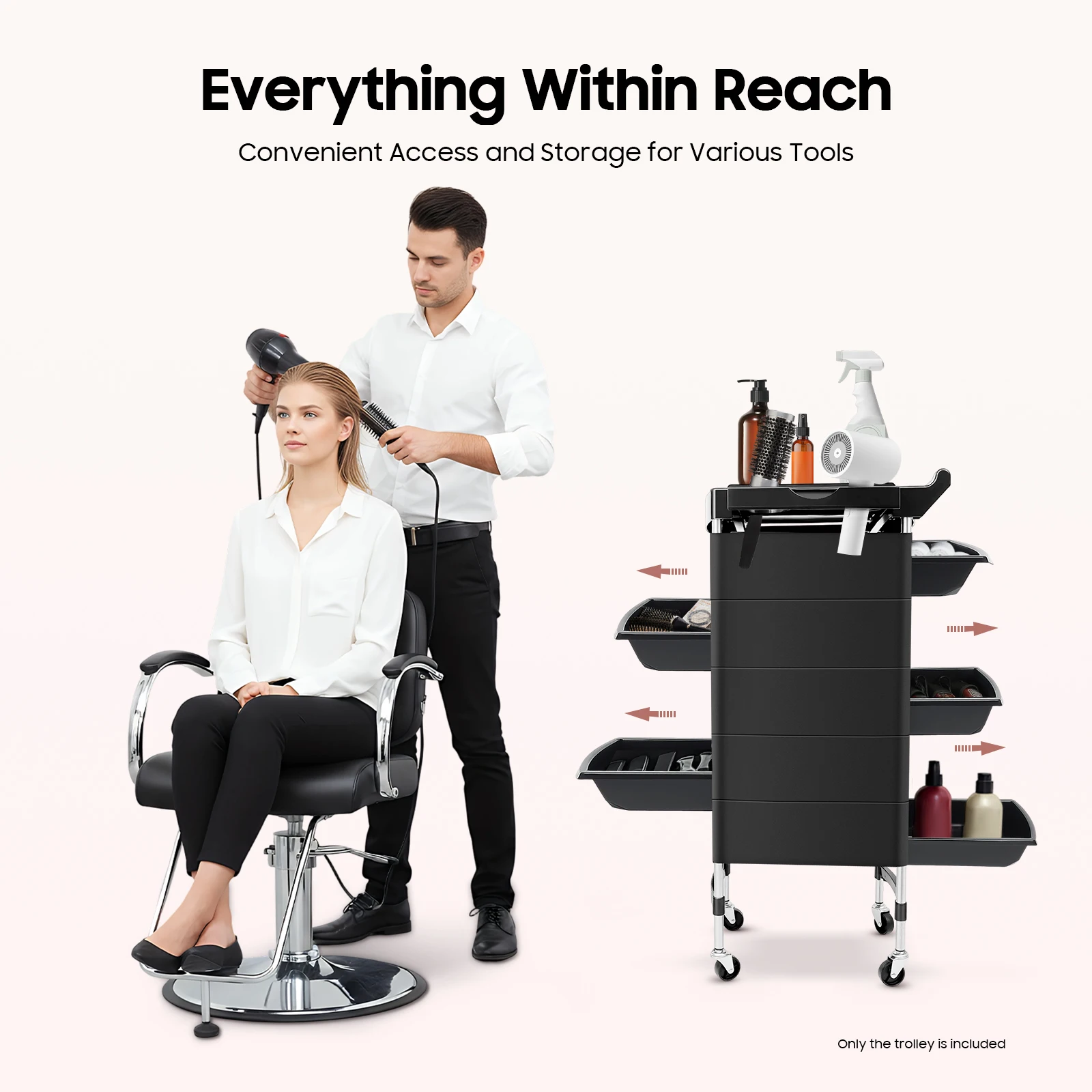 

Black Salon Trolley Cart with 5 Drawers & 2 Side Trays, Rolling Beauty Storage Organizer with Handle and Rolling Wheels