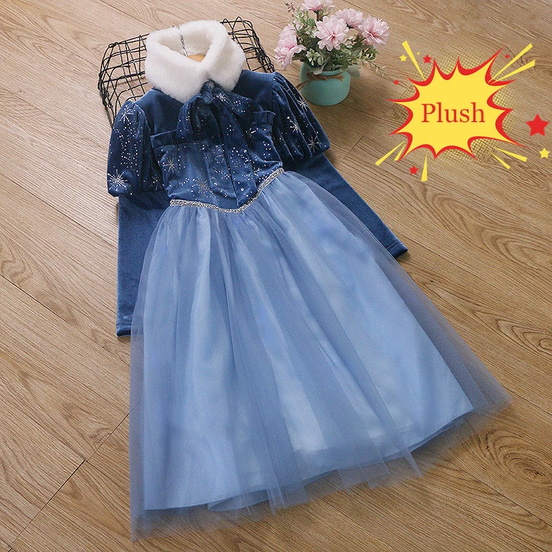 

Темно-синяя бархатная одежда для маленьких девочек, праздничное платье принцессы для косплея, зимний костюм на подкладке Elsaa, плащ со снежным принтом, сетчатые платья