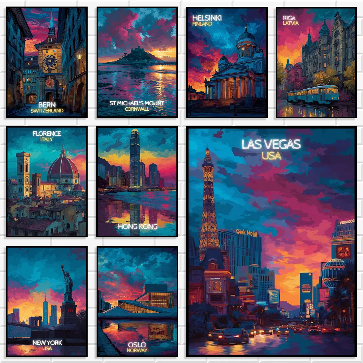 Retro Pop Color World Travel Cityscape Diamond Painting Vibrant Sunset Famous Europe USA City Landmark Wall Poster Home Decor
