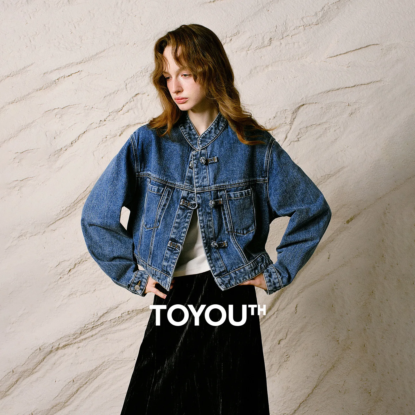 TOYOUTH Women Denim Jacket 2026 Winter New Stand Collar Frog Button Chinese Style Loose Cropped Outerwear