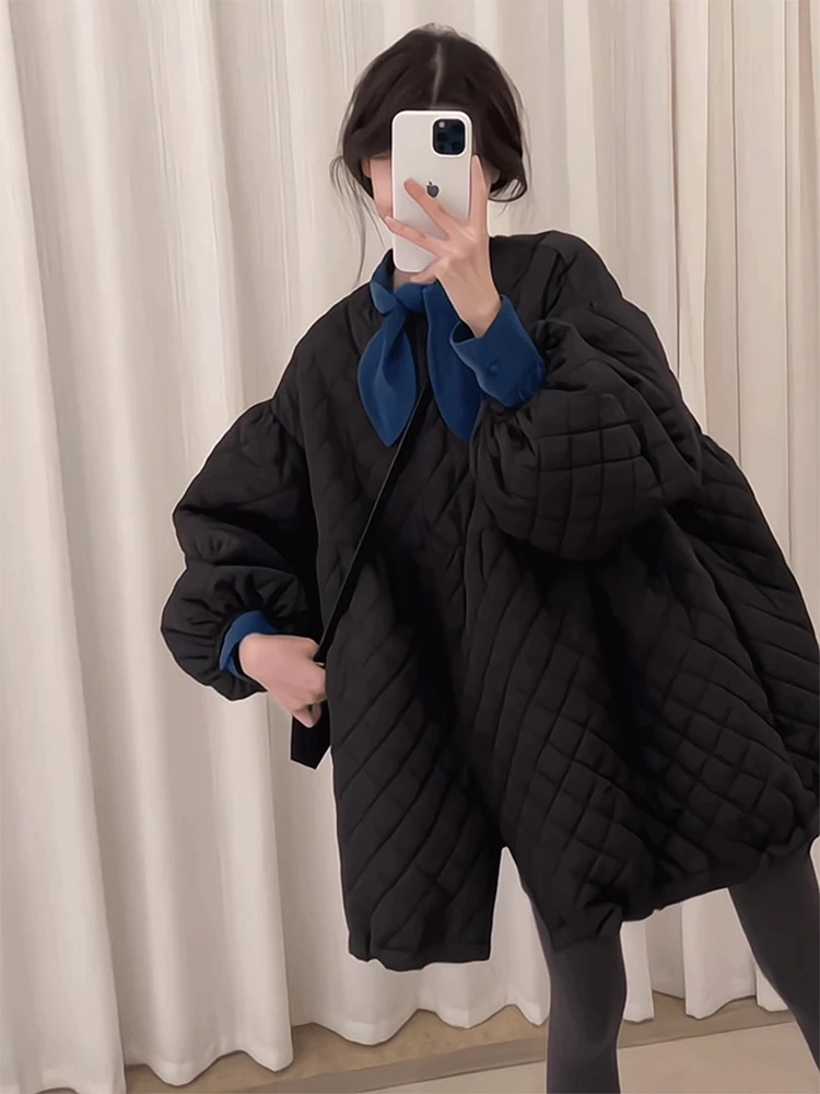 

plus Size Winter Faion Set Bla Diamond Pattern down Cotton Jaet Long Sve irt Women's Outerwear Korean Sle Warm T...