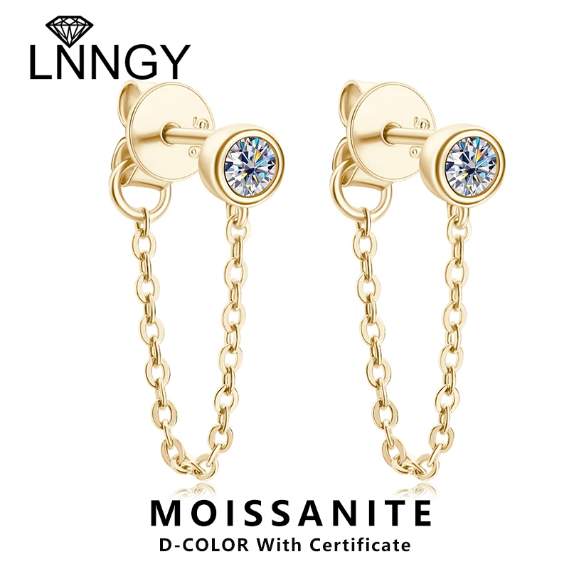 

Lnngy 925 Sterling Silver Chain Earring Round Cut 3mm Clear and Black Moissanite Stud Earrings For Women Personality Jewelry