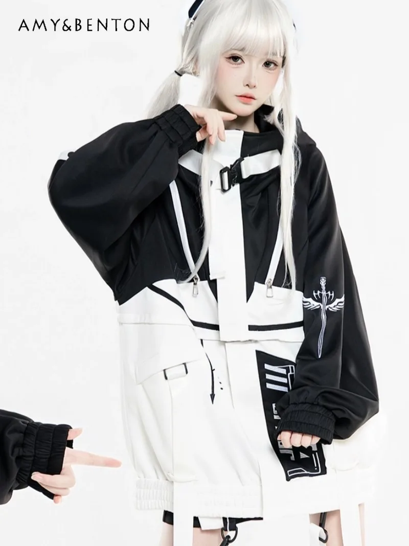 

Механический функциональный стиль, японская субкультура, готические комплекты курток большого размера, лоскутная куртка с капюшоном в стиле Харадзюку, шорты, гетры