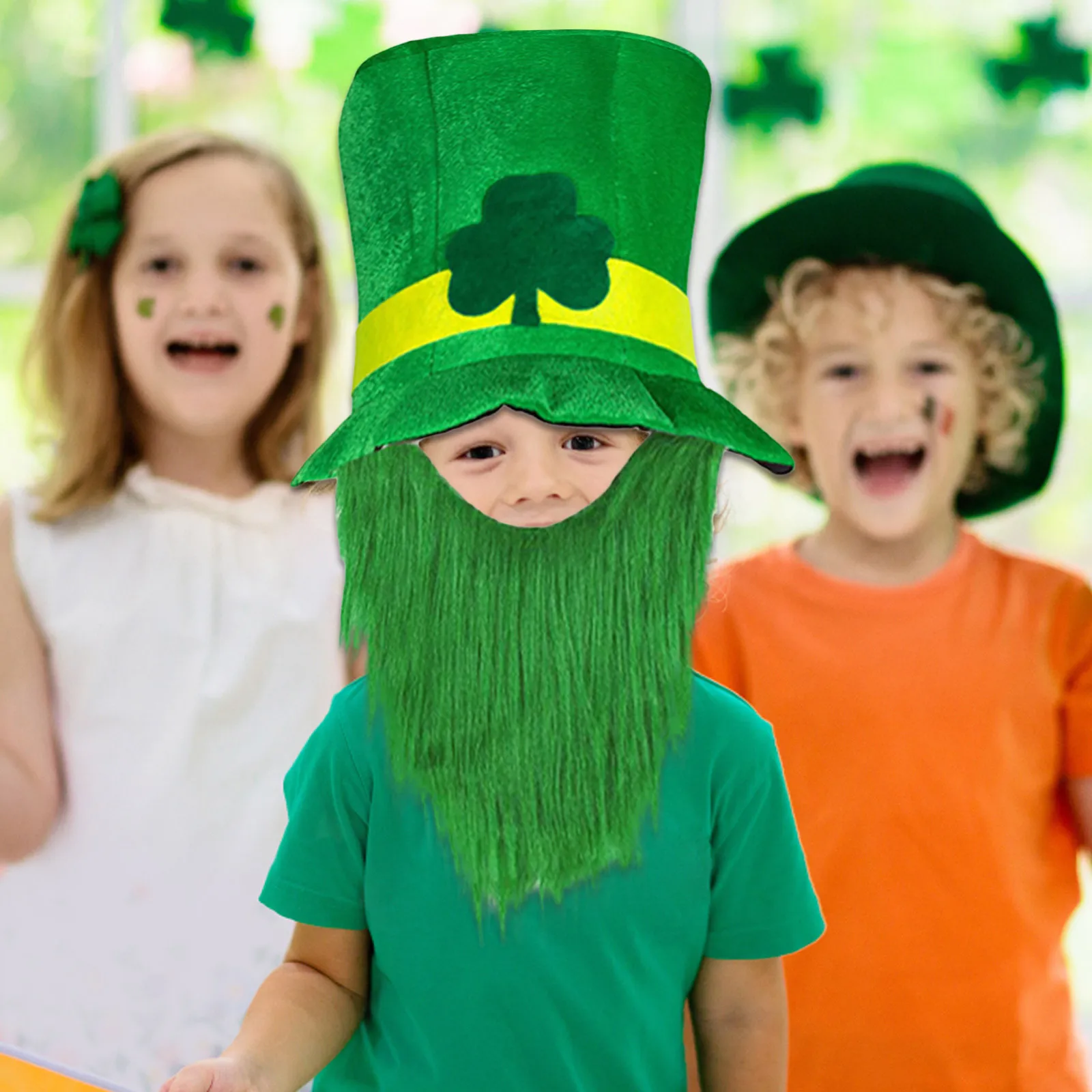 Saint Patricks Day Top Hat Holiday Fake Beard Green Celebration Costume for Irish Festival Birthday Party Decor Supplies