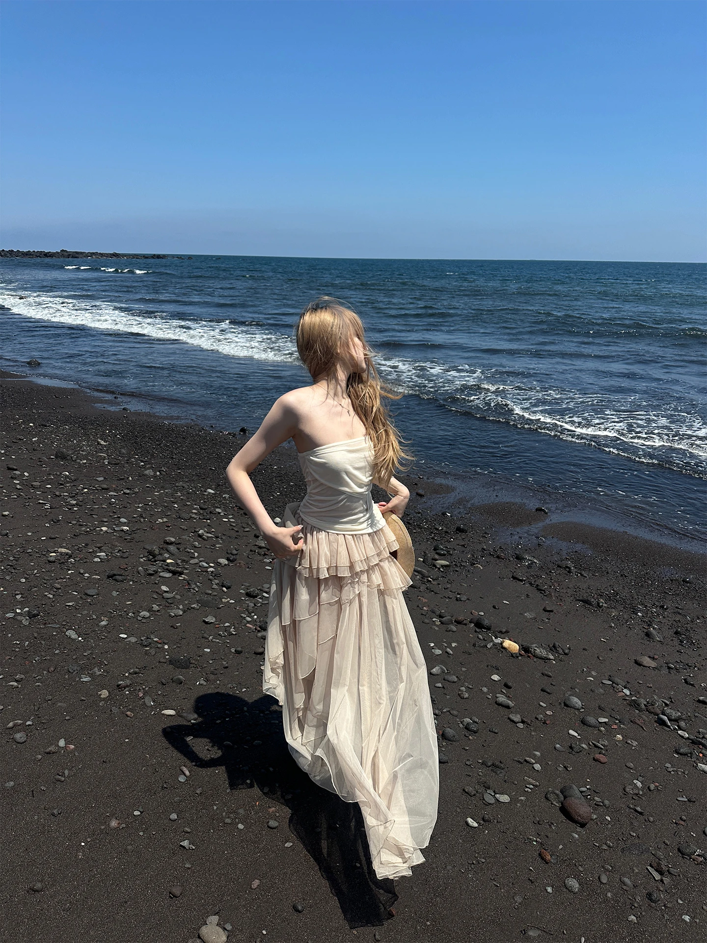 Rase Le Sol Cream Waisted Strapless Top Pleated Waist Cinched Bustier Top Women's Slim Fit Rase Le Sol Original Design