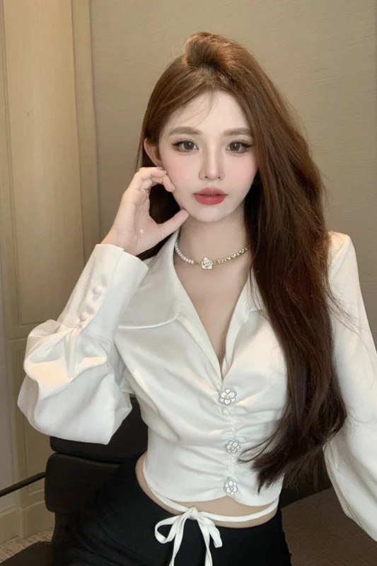 

2024 French V-Neck Blouse Satin Tie-Waist Shirt Women's Pure Aesthetic Crop Top Long Sleeve Elegant Layering Piece High Quality
