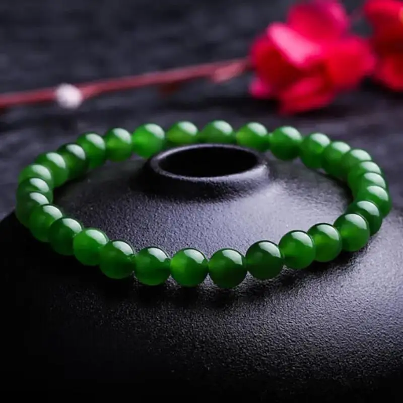 Collectible 6Mm Hetian Bracelet, High-Quality, No Black Spots, Spinach Green Jade, Suitable Both Men And Women, Comes