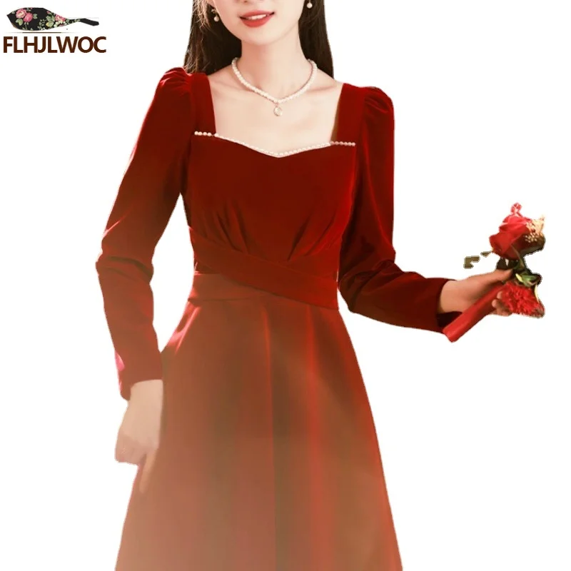 New Year Christmas Chic Elegant Annual Meeting Bride Red Dress Women Square Neck French Design Long Velvet Dresses Vestidos