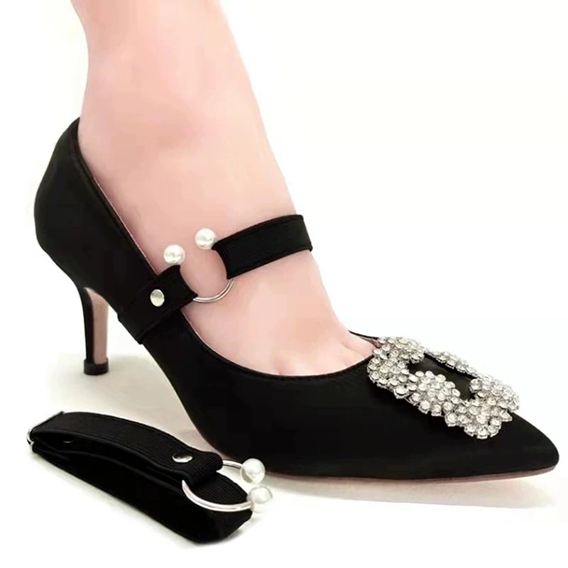 

1Pair Women High Heels Adjustable Elastic Shoe Strap Belt U-shaped Pearl Elastic Lazy Shoelace Anti-drop Heels Shoe Accessories