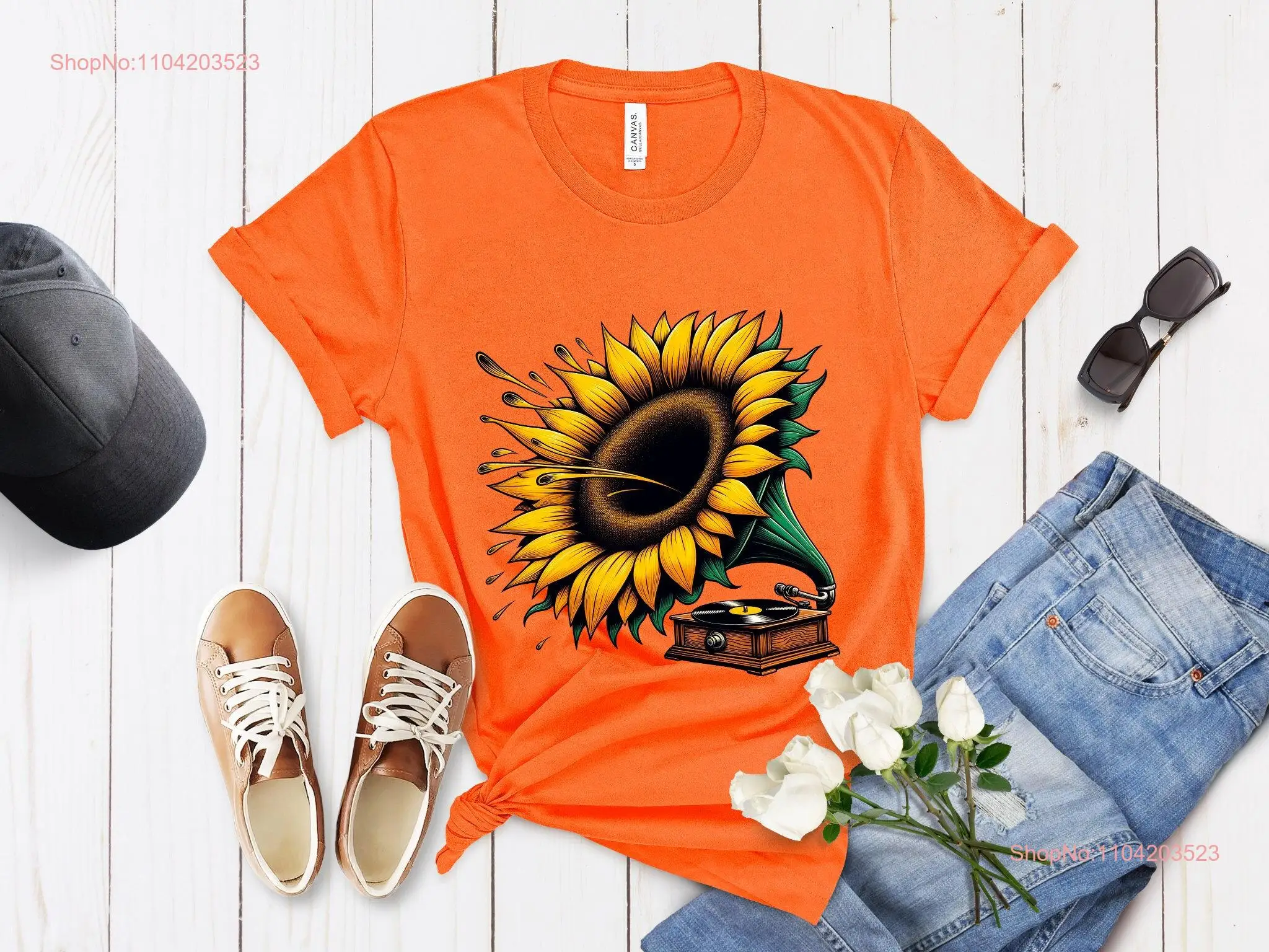 Vintage Record Player T Shirt Sunflower Gramophone Design Retro Music Top Fashion Classic Vinyl Lover For Her Him