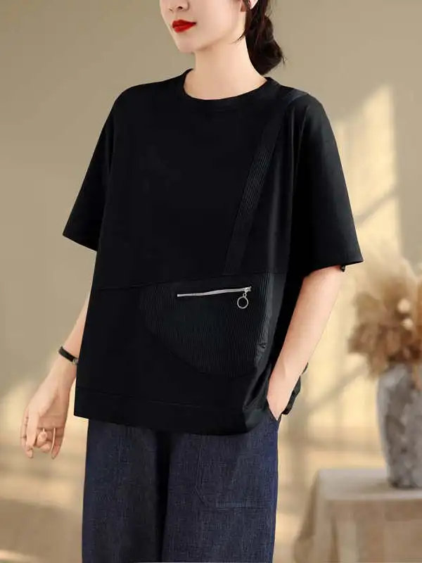 Unique Beautiful Early Summer Women's T-irt Casual Zipper round Ne ort Sve Anti-Aging Trendy 2025 New Summer Top