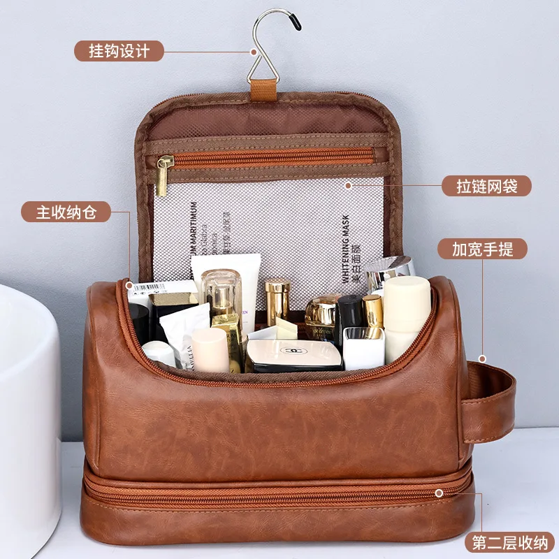 Мужская косметичка из искусственной кожи, двухслойный крючок в британском стиле, портативная ручная сумка для туалетных принадлежностей и сумка для хранения большой вместимости.