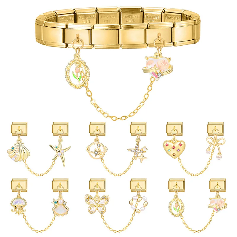 Gold Farbe Rosa Herz Stern Kirsche Mond Kette Quaste Italienischen Charme Link Fit 9mm Edelstahl Armband Frauen DIY Machen geschenke – Detail 6