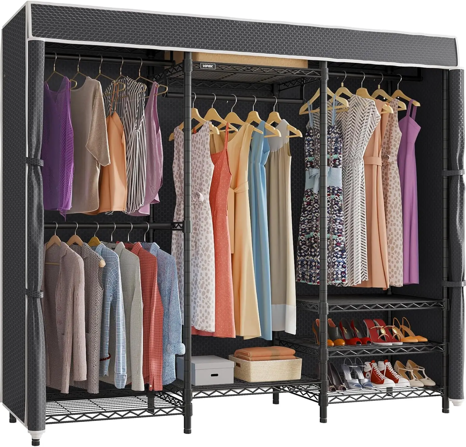 Heavy Duty Portable Closet Rack with Adjustable Shelves, Black Cover, Max Load 800LBS for Custom Wardrobe Storage