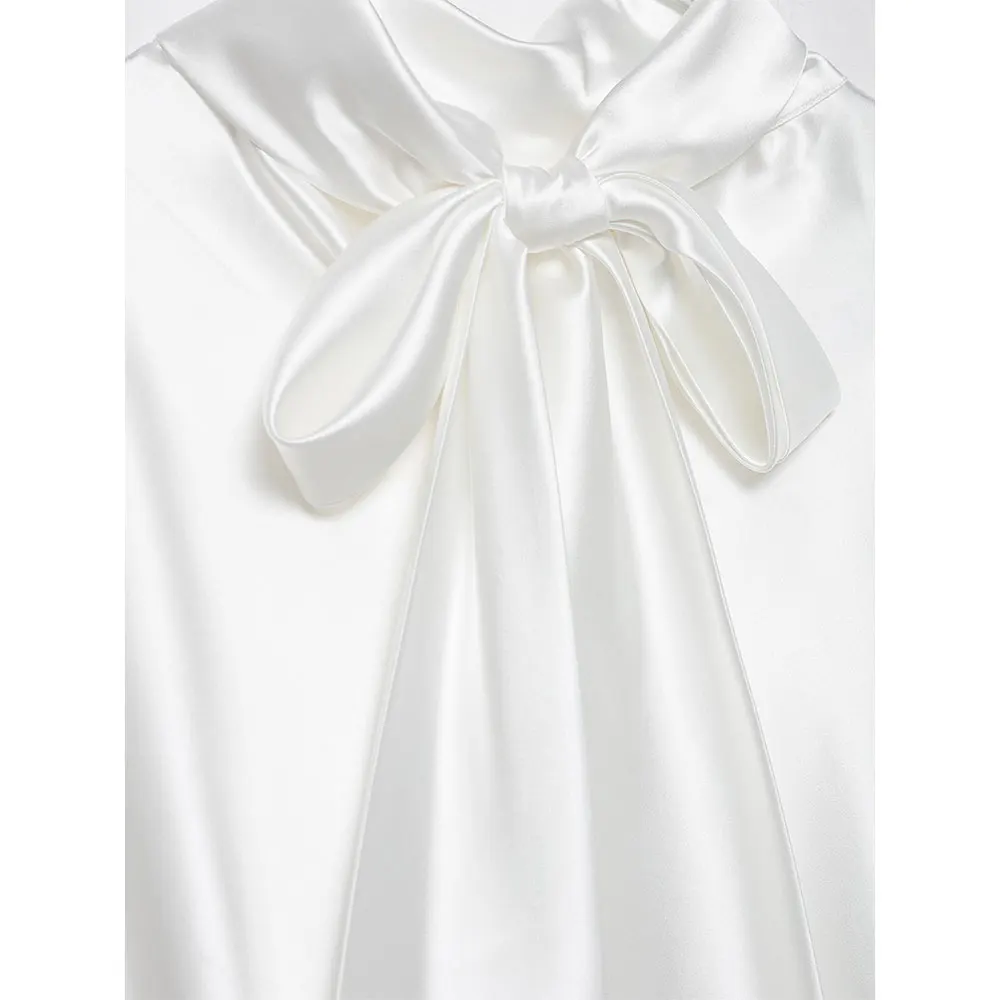 فستان نسائي قصير من الساتان الأبيض من DUOPERI بفيونكة خلفية وأربطة ورقبة عالية وأكمام طويلة فساتين نسائية أنيقة وأنيقة #4