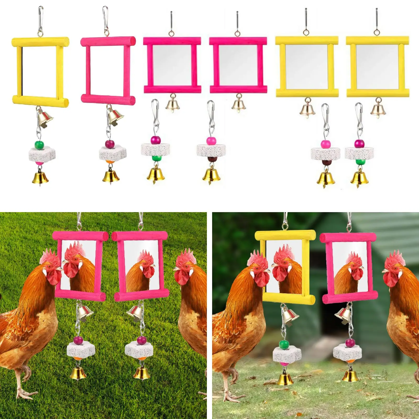 

2Pcs Wooden Pecking Toy Chewing Chicken Mirror Toys with Bell Beak Grinding Stones for Parrots Canaries Rooster Budgie Playing