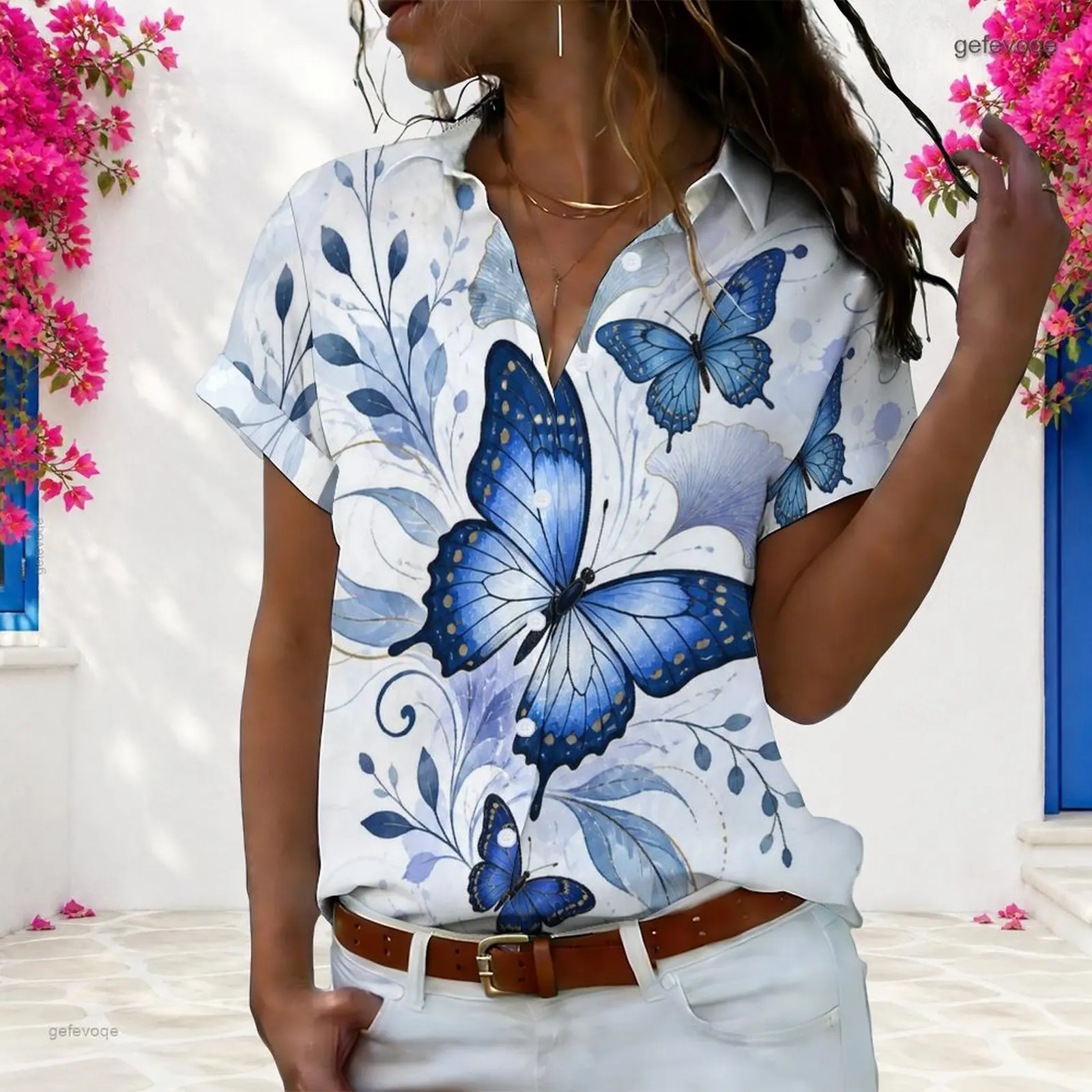 Women Short Sleeve Collared Shirt, Golden Line Crystal Motif Printed Button Front Blouse