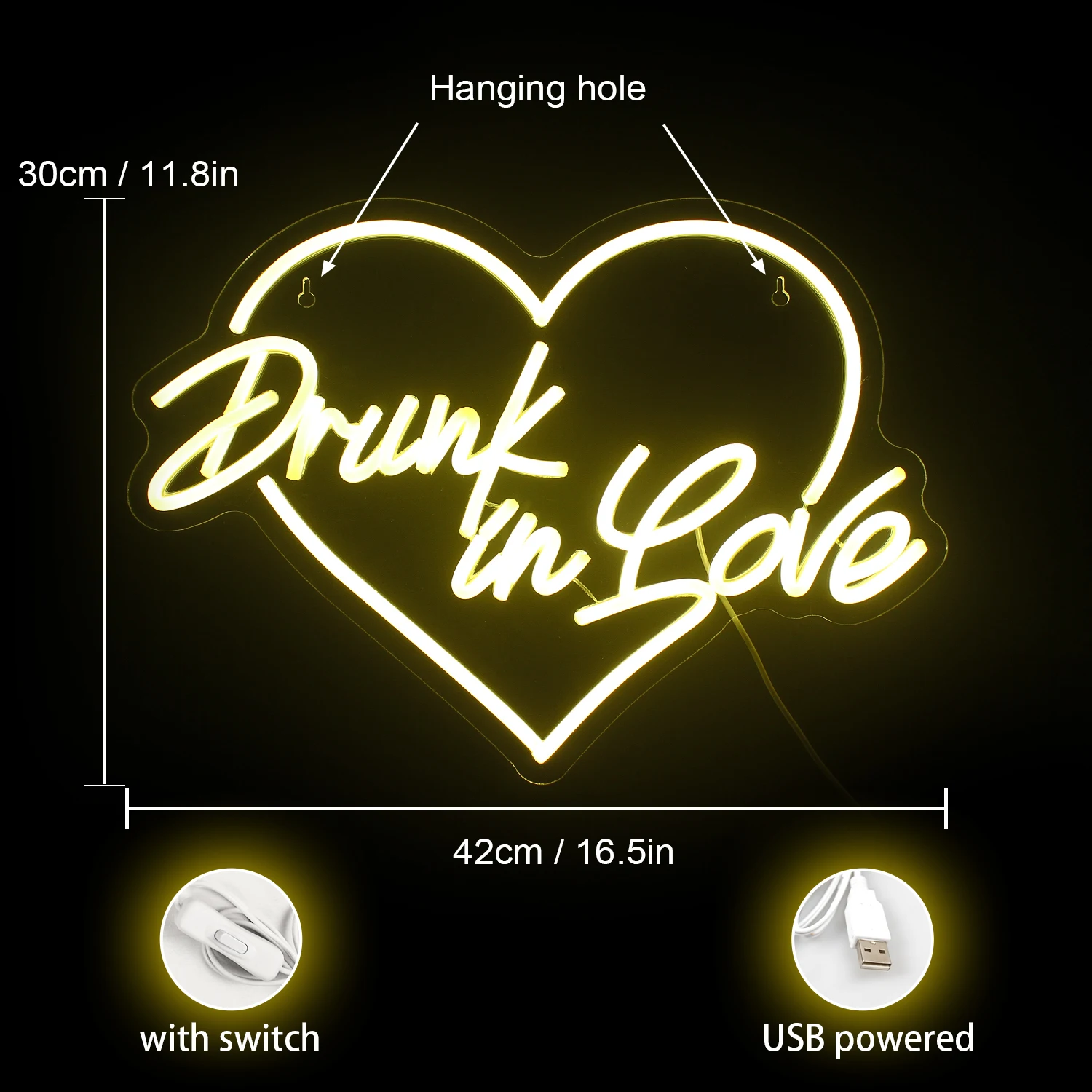 Drunk In Love LED Neon Sign USB Heart Art Wall Lamp Aesthetic Room Decoration For Wedding Home Bars Bedroom Party Accessories